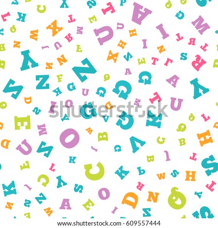 Colorful letter pattern on white background. Vector illustration for education design. Seamless pattern bright color letters random flying. Alphabet book concept for grammar school. Letter wallpaper