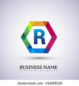 Colorful Letter R logo design in the hexagon.