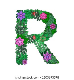 Colorful letter R made from floral elements. R sign made of flowers and leaves. Beautiful monogram, t-shirt print, logo. Vector illustration isolated on white background.