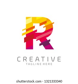 colorful letter R tech logo design vector with pixel/glitch motion concept. multimedia logo. digital logo. innovation logo 