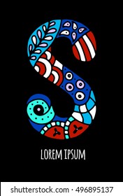 Colorful letter S in creative handdrawn / calligraphy mosaic style. High detail letter for decoration of kids' illustrations, websites, posters, comics and banners.Isolated vector illustration.