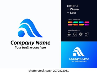 Colorful Letter A and Sea wave symbol logo vector
