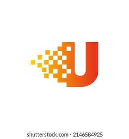 Colorful letter U fast pixel dot logo. Pixel art with the letter U. Integrative pixel movement. Creative scattered technology icon. Modern icon creative ports. Vector logo design.