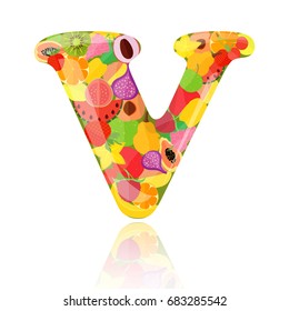 Colorful Letter V Filled with Fruits as an Illustration of Fruits Containing Vitamins. Vector EPS 10