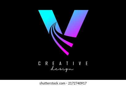 Colorful letter V logo with leading lines and road concept design. Letter V with geometric design. Vector Illustration with letter and creative cuts and lines.