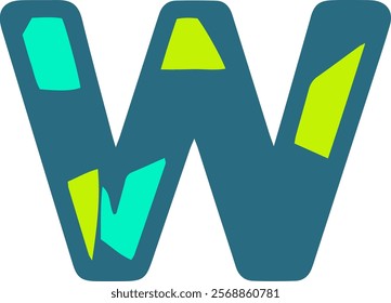 Colorful letter W with abstract shapes in blue, green, and yellow. Ideal for modern design, typography, and creative projects