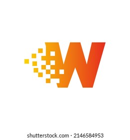 Colorful letter W fast pixel dot logo. Pixel art with the letter W. Integrative pixel movement. Creative scattered technology icon. Modern icon creative ports. Vector logo design.