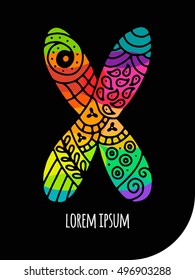 Colorful letter X in creative hand drawn / calligraphy mosaic style. High detail rainbow  letter for decoration of kids' illustrations, websites, posters, comics and banners.Isolated vector.