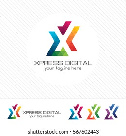 Colorful letter X logo design vector for technology. Digital logo pixel concept with shades gradient color.
