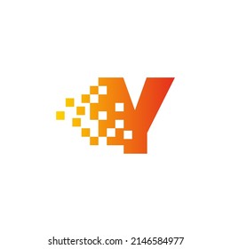 Colorful letter Y fast pixel dot logo. Pixel art with the letter Y. Integrative pixel movement. Creative scattered technology icon. Modern icon creative ports. Vector logo design.