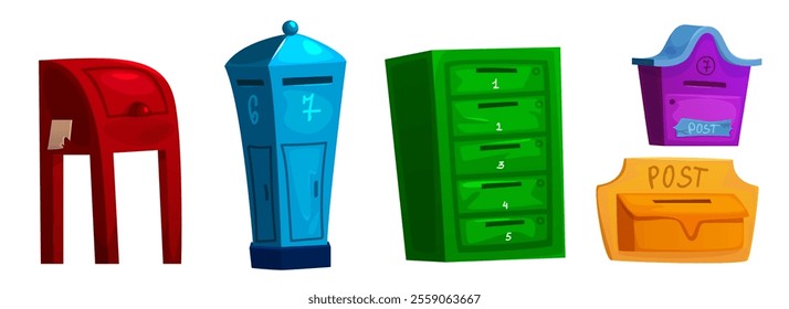 Colorful letterbox and post collection of different designs - red stand mailbox, tall blue receptacle, numbered green apartment slots, purple and yellow wall containers. Mail delivery equipment set.