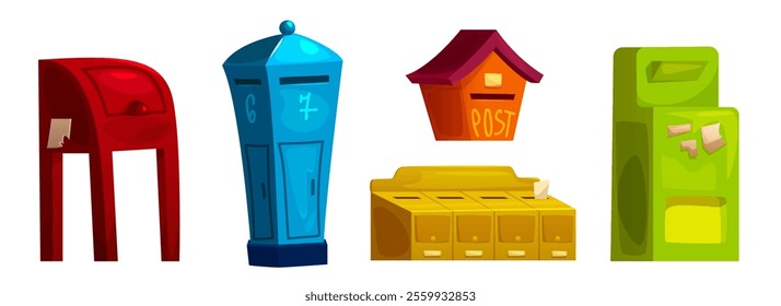 Colorful letterbox and post collection of different designs - red stand mailbox, tall blue and green receptacle, yellow apartment slots, orange wall containers. Mail delivery equipment set.