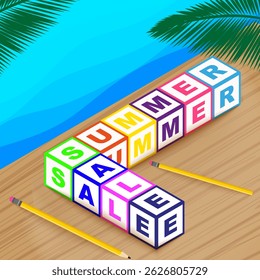 Colorful lettered blocks spelling SUMMER SALE are arranged in an L-shape on a wooden surface