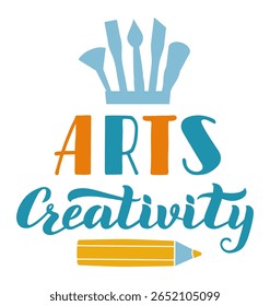 Colorful lettering and artistic tools like brushes and pencils inspiring creativity among artists, promoting vibrant activities and expressing unique talents in various art forms