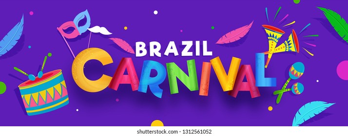 Colorful Lettering Of Brazil Carnival With Party Elements Decorated On Purple Background. Header Or Banner Design.