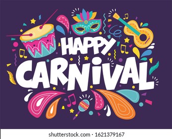 Colorful lettering for Brazil Carnival with party elements decorated on purple background. Header or banner design.