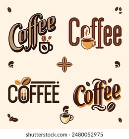 Colorful lettering coffee stickers set. coffee logo