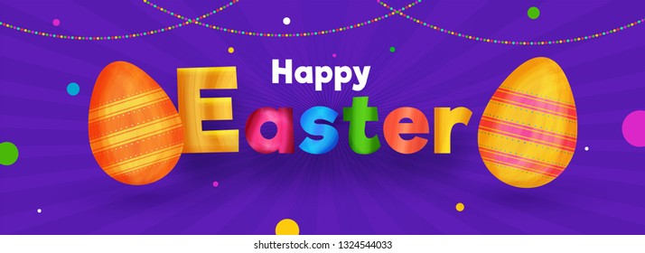Colorful lettering of Happy Easter with eggs illustration on purple rays background for celebration concept. Festival celebration header or banner design.