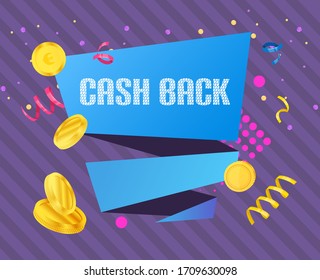 Colorful lettering labels with instantaneous cash back. Sticker cashback return, money refund tag, shopping, retail, emblem advertisement banner template. Vector illustration.