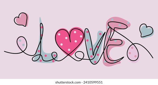 Colorful lettering Love with hearts on violet background. Happy Valentines Day in line art style. Bright black, pink hand drawn vector illustration for cards, business, banners, textile, wedding