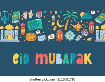 Colorful lettering quote 'Eid Mubarak' decorated with border of doodles on blue background. Good for banners, prints, posters, greeting cards, templates, etc. EPS 10