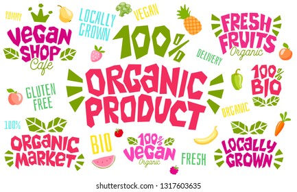 Colorful lettering sign healthy food emblem organic product logo design farmer  fresh fruits vegan food green concept icon labels sticker design, ripe fruit, berries, vegetables. Hand drawn vector