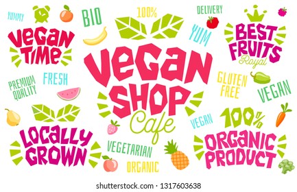 Colorful lettering sign healthy food emblem vegan shop logo design farmer  fresh fruits vegan food green concept icon labels sticker design, ripe fruit, berries, vegetables. Hand drawn vector