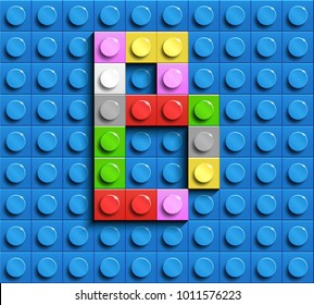 Colorful letters B of alphabet from building lego bricks on blue lego brick background. blue lego background. 3d letters B. Realistic letters