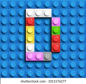 Colorful letters D of alphabet from building lego bricks on blue lego brick background. blue lego background. 3d letters D. Realistic letters