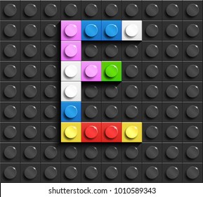 Colorful letters E of alphabet from building lego bricks on black lego brick background. lego background. 3d letters