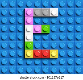 Colorful Letters E Of Alphabet From Building Lego Bricks On Blue Lego Brick Background. Blue Lego Background. 3d Letters E. Realistic Letters