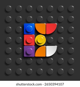 Colorful letters E of alphabet from building bricks on black brick background. 3d letters . Realistic lego letters E. 3d letters a from building bricks