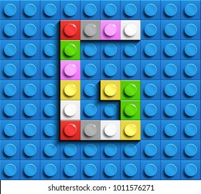 Colorful letters G of alphabet from building lego bricks on blue lego brick background. blue lego background. 3d letters G. Realistic letters