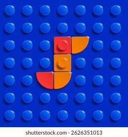 Colorful letters J of alphabet from building lego bricks on blue brick background. 3d letters . Realistic letters J. 3d letters a from building lego bricks