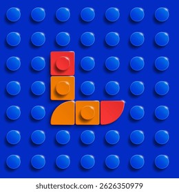 Colorful letters L of alphabet from building lego bricks on blue brick background. 3d letters . Realistic letters L. 3d letters a from building lego bricks