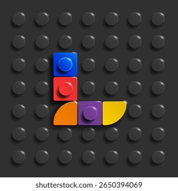 Letras coloridas S do alfabeto de tijolos de construção no fundo de tijolos azuis. 3D letras . Letras realistas S. 3d letras a de tijolos de construção