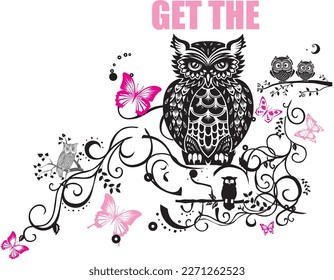 colorful letters leaf and owl print pattern white background