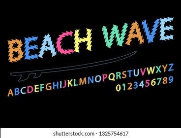 Colorful letters and numbers font colorful wind surf. Colored alphabet, typography modern color design concept. Summer beach surfing illustration ocean background illustration. Flat style – Vector