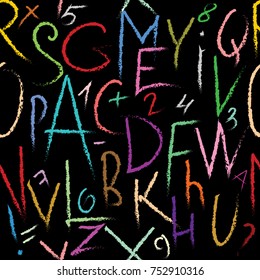 Colorful letters seamless pattern. Black vector background with bright multicolor doodle grunge letters and numbers. Modern fabric, textile, wallpapers design. Hand drawn letters. Chalk texture. 