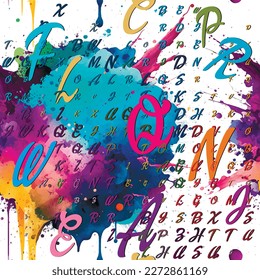 Las letras coloridas son un patrón sin fisuras sobre el fondo brillante de las acuarelas. Banca inglesa sobre fondo sucio. Repetir el fondo de color. Ornamentos de letras latinas. Ornamentos texturados. Plantas, manchas.