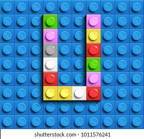 Colorful letters U of alphabet from building lego bricks on blue lego brick background. blue lego background. 3d letters U. Realistic letters