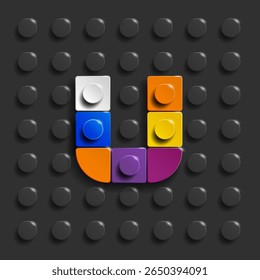 Letras coloridas S do alfabeto de tijolos de construção no fundo de tijolos azuis. 3D letras . Letras realistas S. 3d letras a de tijolos de construção