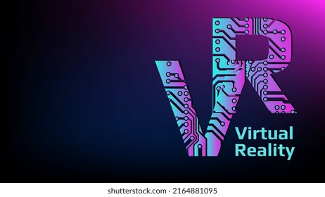 Colorful letters VR abbreviation for Virtual Reality perforated with PCB circuit board tracks with copy space on dark magenta background. For banners or advertising. Vector illustration.