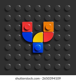Colorful letters Y of alphabet from building bricks on black brick background. 3d letters . Realistic lego letters Y. 3d letters a from building bricks