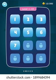 Colorful level selection screen for user interface game design on navy blue color background