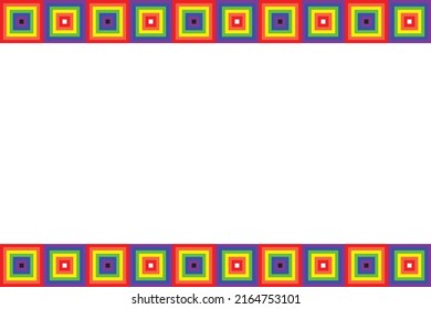 Colorful LGBTQ+ pattern background. Maze square pattern. LGBTQ+ colored square on white background. Rainbow border greeting card.