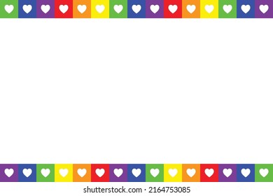 Colorful LGBTQ+ pattern background. Multicolor heart pattern. LGBTQ+ colored hearts on white background. Rainbow border greeting card.