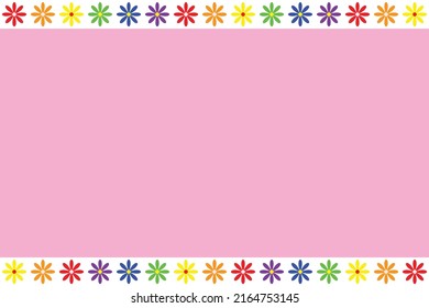 Colorful LGBTQ+ pattern background. Multicolor flowers pattern. LGBTQ+ colored flowers on white background. Rainbow border greeting card.