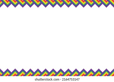 Colorful LGBTQ+ pattern background. Multicolor triangle pattern. LGBTQ+ colored triangles on white background. Rainbow border greeting card.
