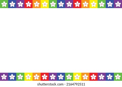 Colorful LGBTQ+ pattern background. Multicolor flowers pattern. LGBTQ+ colored flowers on white background. Rainbow border greeting card.